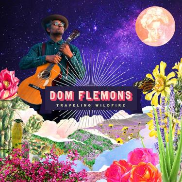 Album cover shows Dom Flemons holding a guitar and looking up at the sky. The background is an illlustration showing a night outdoors with plants, cliffs, and sky.