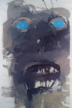 A blue, purple, and grey abstract painting of a person&rsquo;s face. Their mouth is open, bearing teeth.
