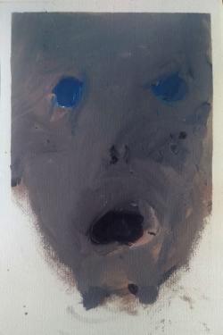 A blue and pale purple abstract painting of a person&rsquo;s face. Their mouth is open, aghast.