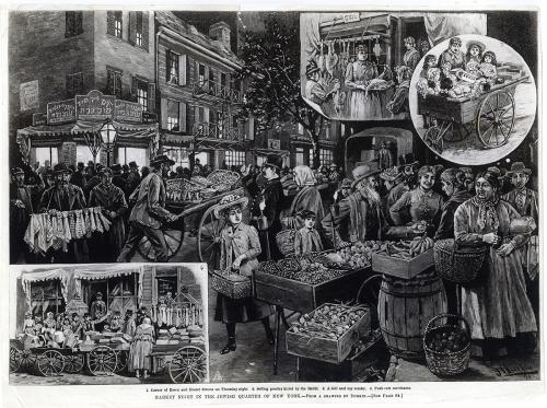 Black-and-white illustration of a busy street market with bins full of produce. Text below the drawing: Market night in the Jewish Quarter of New York. From a drawing by Durkin.