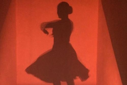 Silhouette of a female dancer mid-spin on a red backdrop. 