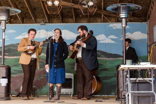 On an outdoor stage flanked by heaters, a four-piece band perform: a woman in a blue dress and black jacket singing, a man on mandolin, a man on guitar, and someone hidden playing upright bass. The backdrop is a landscape mural with rolling green hills, b