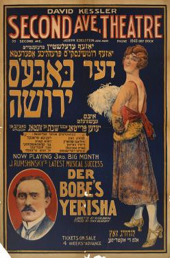 Poster for “Second Ave. Theatre” with pictures of a woman dress up and portrait of a man with mustache. Text is Yiddish.