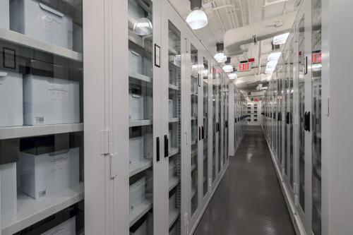 Similar view down a hallway, but the shelves have been replaced by white cabinets with glass doors, and all materials are in uniform white boxes.
