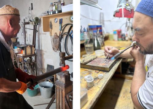 Two photos: on the left, a man holds a rod of red-hot metal between a hammer and anvil. On the right, a man uses a small blowtorch and tweezers to manipulate a small piece of metal in a workshop.