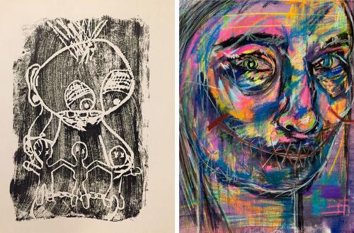 Two artworks side by side. On the left, black and white print of a humanlike figure holding up what looks like a paper doll chain, bound by chains at the ankles. On the right, portrait of a woman's face in black and white pencil, filled in with a rainbow 