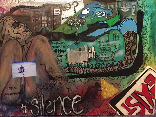 Collage-like painting, showing a naked figure of a woman, #silence, a barbed wire fence, a mouse with a block of cheese, and a building with a sign that reads HELL IS REAL.
