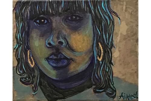 Painted portrait of a Black woman with blue-tinted hair and facial features and gold hoop earrings.
