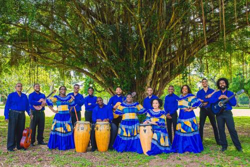 Fourteen musicians pose, holding their instruments and wearing matching blue dress shirts and dresses, under a large tree.