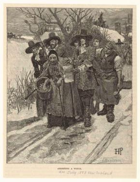Old ink illustration of a group of colonial-era men forcing an old woman down a dirt road. Small text on bottom: Arresting a Witch. Handwritten: HM, July 1893, New England.