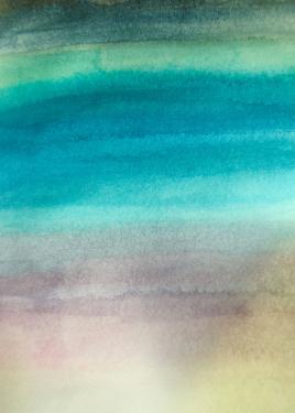 Watercolor painting that looks vaguely like a beach scene: tan at the bottom, turquoise in the middle, and dark green at top.
