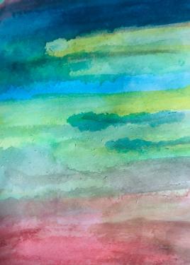 Abstract watercolor painting that looks like a sunset: streaks of red, blue, and green.