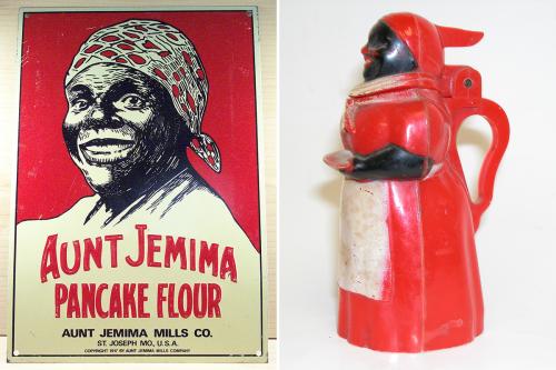 Two images, one of an Aunt Jemima Pancake Flour poster, and the other of Aunt Jemima as a plastic syrup dispenser, where you pull back her head for the syrup to come out the neck. 