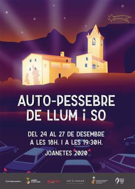 Flyer for Living Nativity event in 2020, with text in Catalan language. Illustration of cars parked around an illuminated church under a shooting star.