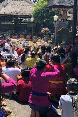 Dozens of people kneel together outside, hands clapsed in prayer. The women have their hair pinned up with flowers. 