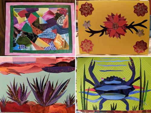 Four colorful collages in a grid: a quilt-like design; a Chinese-style floral design; purple agave plants in red earth; and a blue crab among sea plants.