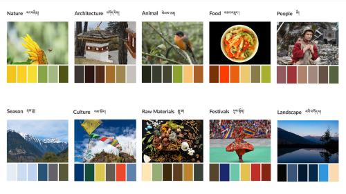 A grid of ten photographs with labels in English and Dzongkha above and solid color swatches below. Nature: a yellow flower with green background. Architecture: white structure with brown roof and accents. Animal: red-breasted bird with dark head and wing