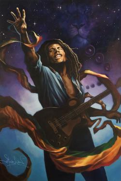 Abstract painting of Bob Marley reaching above, surrounded by a golden ribbon shape.
