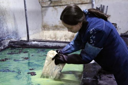 A person leans over a huge vat of indigo dye, submerged a piece of white cloth. The dye has green bubbles on top.