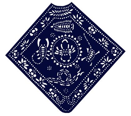 Square calico textile, with designs of a scorpion, snake, toad, centipede, and spider.