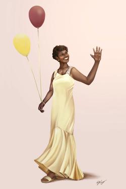 Digital illustration of a young woman wearing a flowing champagne-colored gown, smiling, waving, and holding onto two balloons.