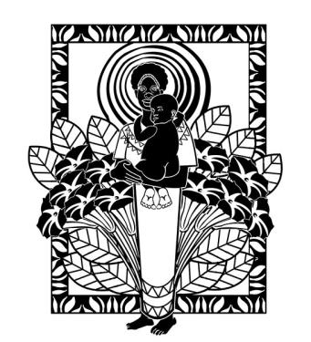 Black-and-white illustration for a quilt pattern, showing a Black mother and baby in her arms, with a floral background and outline.