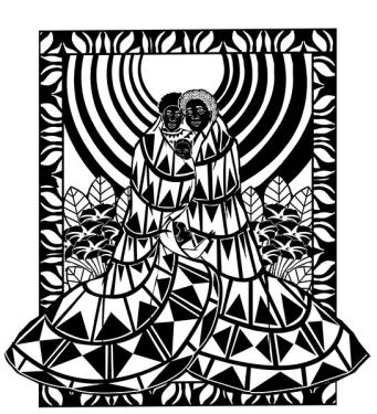 Black-and-white illustration for a quilt pattern, showing a Black grandmother, mother, and baby wrapped in a quilt, with a floral background and outline.
