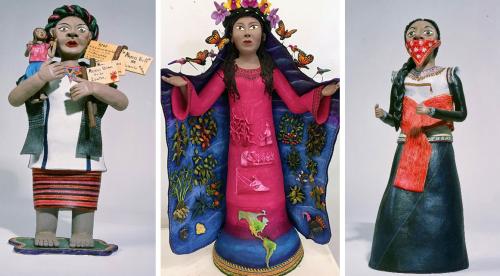 Three photos of clay human figurines. Left: a woman holds a baby and protest signs. Center: A woman opens her arms, with the shape of the Americas at her feet, a blue cloak filled with plantlife, and a crown of flowers and monarch butterflies. Right: A wo