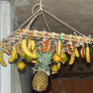 Bananas, oranges, a pineapple, and other fruits hang from a wooden from hung from a ceiling.