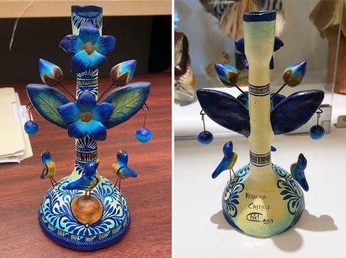 Two photos side by side. On the left: a ceramic candleholder in blue and white, with figures of flowers and birds. On the right, the backside of the candleholder with the artist’s signature: Veronica Castillo 2017.
