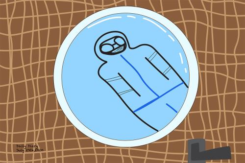 Crude digital drawing of a person seen through the peehole of a brown door. Text reads: Daily Diary, July 29th, 2020.