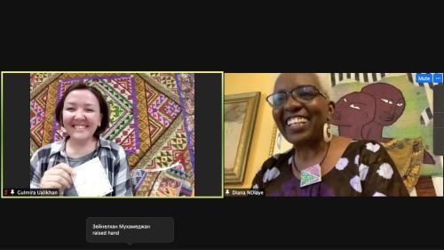 Zoom screenshot showing two women in two separate frames, both smiling.
