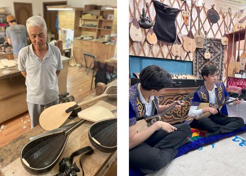 Two photos: on the left, an elder man stands in a woodshop, looking down at pear-shaped stringed instruments in the works. On the right, two young men play the stringed instruments seated on the floor of a studio, with other instruments hanging above them