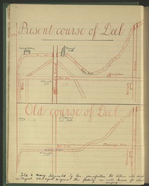Lined notebook page, with two hand-drawn maps of the same road intersections, but different paths for a creek or other waterway. The top reads Present course of Deel, and the bottom Old course of Deel.