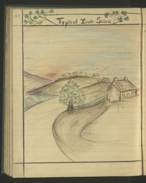 Lined notebook page, with a title written at the top: Typical Irish Scene. The drawing below shows a house at the end of a curving dirt path and rolling hills in the background.