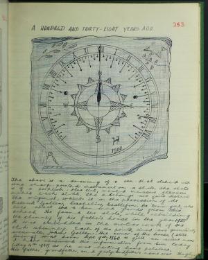 Lined notebook page, with a title written at the top: A Hundred and Thirty-Eighty Years Ago. Below is a detailed drawing of a sun dial pointing north. Below the drawing is a paragraph, written in English script, about the sun dial, though it is too small 