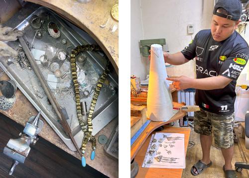 Two photos: on the left, overhead shot of a jeweler’s work table, including a chunky gold chain necklace. On the right, a man gestures to a conical stand; beneath it are several pieces of gold or silver jewelry.