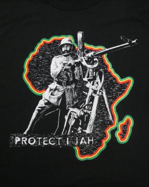 Illustration of a man dressed in military gear, holding a weapon, over a silhouette of the African continent, outlined in green, yellow, and red, on a black background.