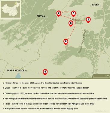 Map of the borders between Russia, China, and Inner Mongolia. Numbered markers show points in Ewenki migration history: 1) Hinggan Range - In the early 1800s, ancestral Ewenki migrated from Siberia into this area. 2) Qiqian - In 1957, the state moved Ewen