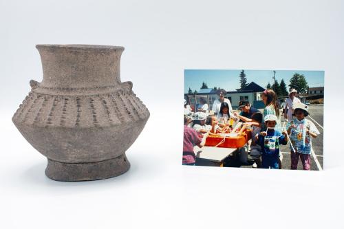 On the left, ceramic pot. On the right, many kids doing an activities outdoors at a school.