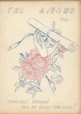 Cover of a student publication, The Argus, dated 1951, with a colored pencil illustration of a rose and two hands clasping a rolled up diploma.