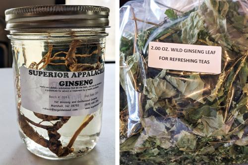Ginseng root and dried leaves