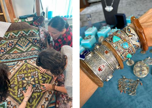 Two photos: on the left, one woman holds up a patterned quilt in turquoise, moss green, tan, and dark brown, with orange accents, as two others inspect it. On the right, close-up of someone holding up their rest to show off a stack of bracelets: smooth po