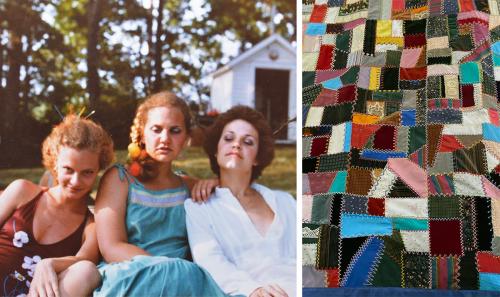 Two photos side by side. On the left, three young women sit together, while one looks mischieviously at the camera. On the right, close-up on a quilt made of odd-shaped scrap pieces in all colors.