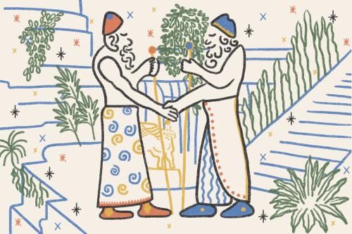 Digital line illustration of two men with curly beards, each holding a staff, shaking hands. 