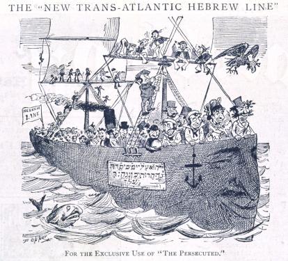 Illustration of a ship carrying Jewish caricatures across the ocean. Even the ship, fish, and bird overhead have large noses. The top reads: THE NEW “TRANSATLANTIC HEBREW LINE.” The bottom captions reads: FOR THE EXCLUSIVE USE OF “THE PERSECUTED.”