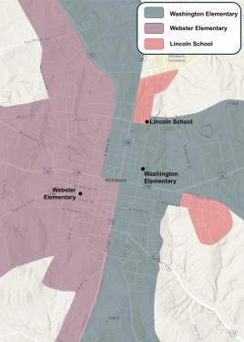 Map of a small city, with the left half mostly purple, indicating Webster Elementary school district. The right half is blue for Washington Elementary, which divides two small sections of pink for Lincoln School. The dot for Lincoln is in the top pink sec