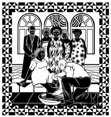 Black-and-white illustration for a quilting pattern, showing a white man bent down and washing a Black woman's feet. Other Black men and women stand behind them and watch.