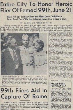 Newspaper clipping headline reads: Entire City To Honor Heroic Flier Of Famed 99th, June 21.