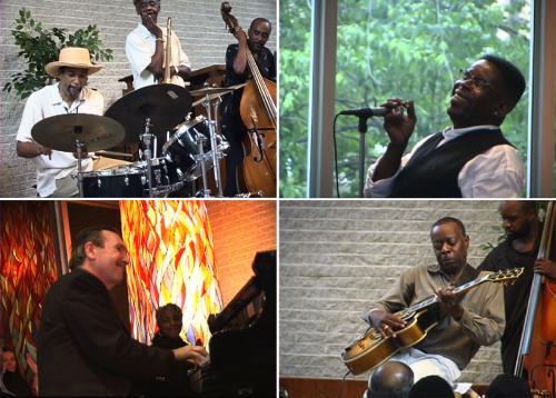 Collage of four photos in a grid, each of male musicians performing, a trio on drums, trombone, and upright bass; a singer' a pianist; and a guitarist and bassist.